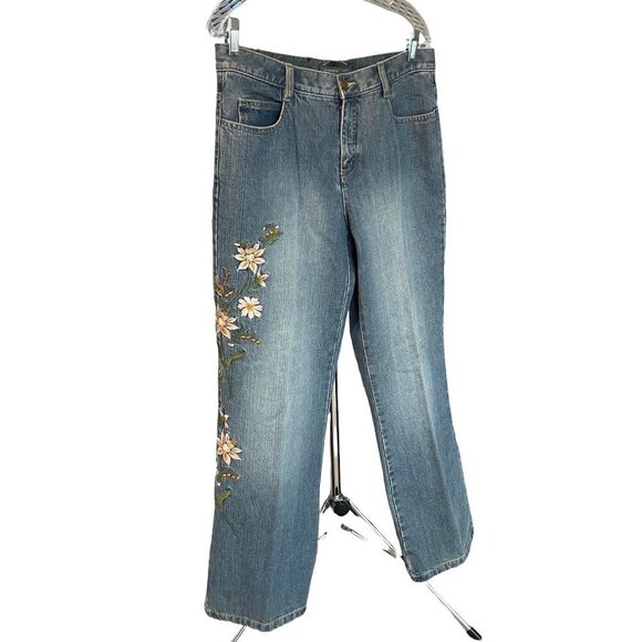 Vintage 90s Y2K Mid Rise Floral Embroidered Bootcut Jeans Sz 10P - Picture 3 of 12